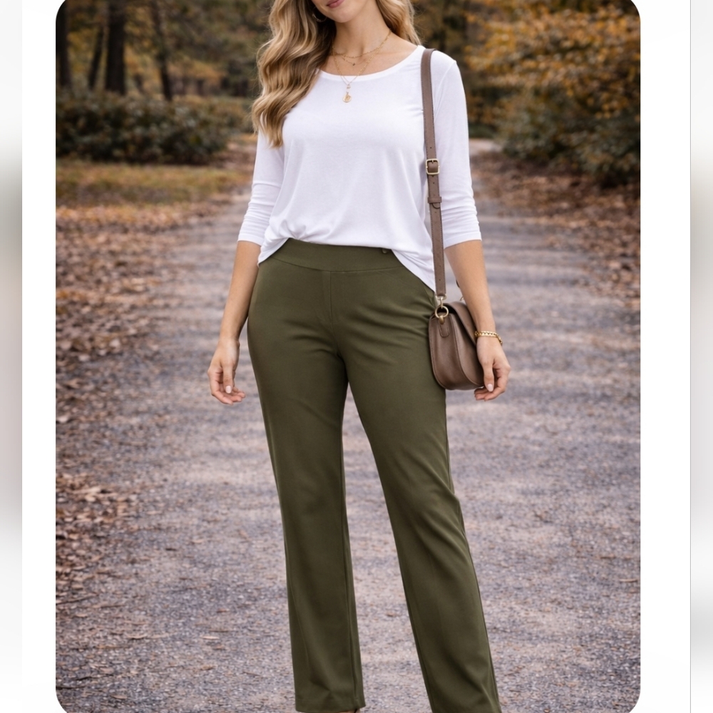 Alfred Dunner Olive Pull-On Stretch Pants | Straight Leg Career Casual | Size 8